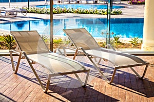 Sunbeds in the indoor swimming pool