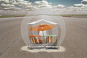 Sunbeds with parasol standing on airport runway