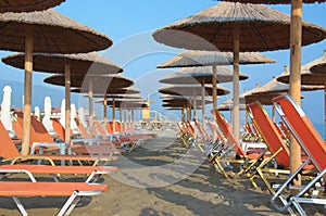 Sunbeds and parasols on beach