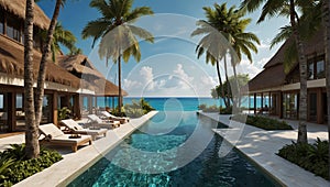 sunbeds by the pool under palm trees on exotic island resort with blue ocean water