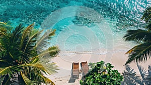 Sunbeds on the tropical beach top view