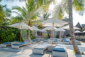 Sunbeds and umbrellas near beach at the tropical island