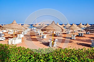 Sunbeds and umbrellas on Sharm el Sheikh beach, Egypt