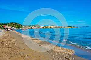 Sunbeds and umbrellas at Sidari beach at Corfu, Greece