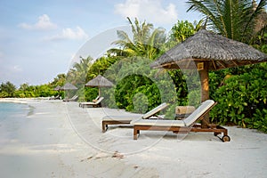 Sunbeds under the canopy on the beach.