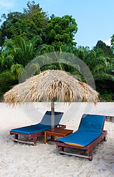 Sunbeds under the sun in tropical island