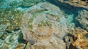 Sunbleached crystallized patterns on the surface of the pools created by the gradual evaporation of the seawater