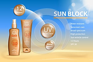 Sunblock ads template, sun protection cosmetic products. Sunblock cream and Tanning oil spray bottle. 3D vector