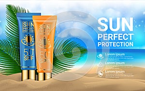 Sunblock Cosmetic 3D Realistic Packaging Mockup Design Template. Beach Exotic Palm Leaves. Sun Cosmetics Protection