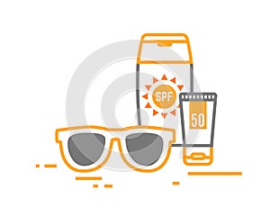 Sunblock cream and sunglasses icon