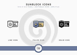Sunblock icons set vector illustration with solid icon line style. Ultraviolet protection concept.