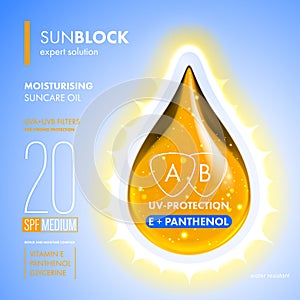 Sunblock suncare oil drop. SPF solution design