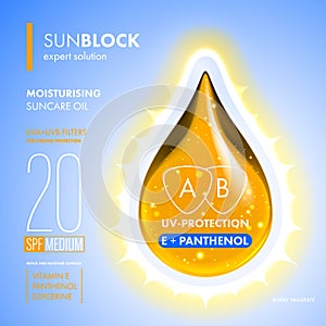 Sunblock suncare oil drop. SPF solution design photo