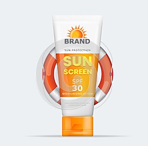 Sunblock tube lotion cream. Sunscreen  mousturizing cream package vector
