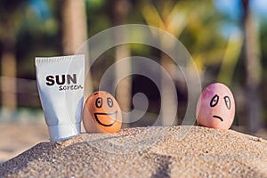 Sunburned egg smeared the sun screen, and the burnt egg was not smeared. Burned in the sun, cream from the sun