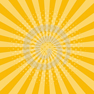 Sunburst background. Yellow rays with halftone effect. Shine sun retro style. Sunset party design. Graphic frame with radial lines