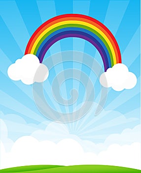 Sunburst and blue sky and rainbow background with copyspace vector illustration