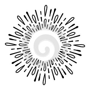 Sunburst doodle line art. Hand drawn water splash, round banner with circle explosion. Retro sketch radial rays, black