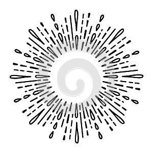 Sunburst doodle line art. Hand drawn water splash, round banner with circle explosion. Retro sketch radial rays, black