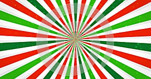 Sunburst green, red, white on snowing background. Seamless looping 4k animation footage.
