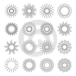 Sunburst icons. Starburst spark blast logo. Vector sun burst rays. Sunshine explosion badge set.