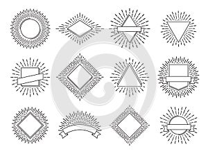 Sunburst labels. Retro sun rays logos. Vintage heraldic sunrise emblem with lines frame. Sun burst vector logo set