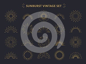 Sunburst set. Hand drawn sunrise firework sunset blast sunbeam burst sunshine ray decorative retro vector line radial