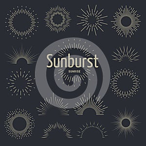 Sunburst set. Starburst burst rays spark sunrise firework sunbeam burst border hand drawn line radial vintage banner