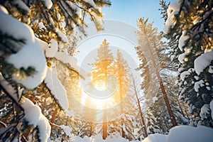 sunburst through a snow-covered pine canopy