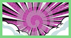 Sunburst, starburst abstract vintage retro comic background template in purple black white color with clouds and halftone effect.