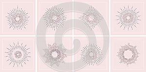 Sunburst tales. Bohemian cards, tattoo templates. Retro rays of sun vector collection