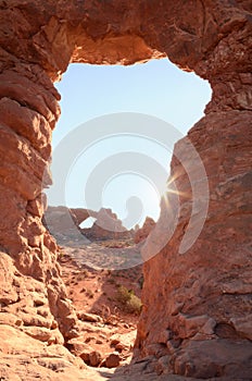 Sunburst at Turret Arch with South Window in Arches National Park