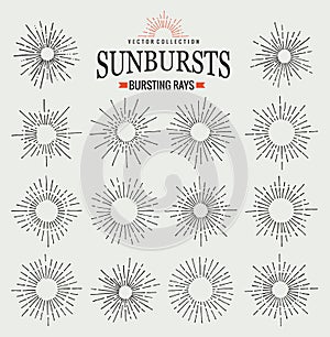 Sunbursts collection of trendy hand drawn retro rays. Sunset, sunrise and radial fireworks symbol. Design elements