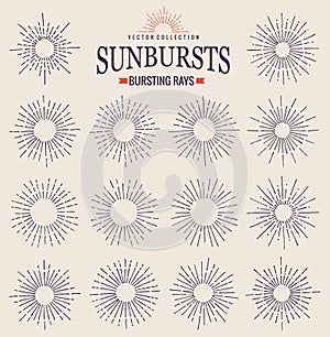 Sunbursts collection of trendy hand drawn retro rays. Sunset, sunrise and radial fireworks symbol. Design elements