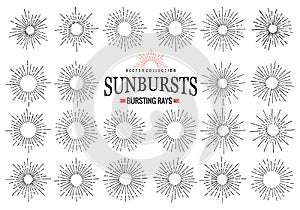 Sunbursts collection of trendy hand drawn retro rays. Sunset, sunrise and radial fireworks symbol. Design elements