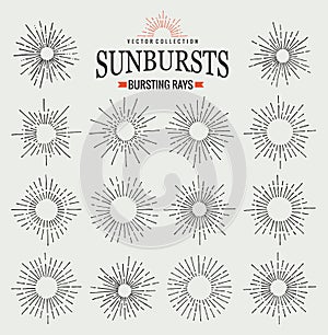 Sunbursts collection of trendy hand drawn retro rays. Sunset, sunrise and radial fireworks symbol. Design elements photo