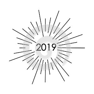 Sunbursts 2019. Congratulation with Happy New Year. Vector illustration