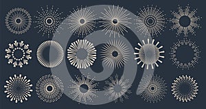 Sunbursts firework explosion, bursting or light rays, linear drawing and borders collection. Vector trendy hand drawn