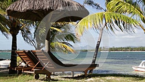 Sunchair in sunny beach in Mauritius