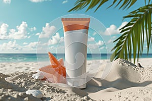 Suncream sun lotion packaging mockup tube on a bright sunny background with tropical palmtree leaf