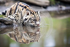 sunda clouded leopard drinking water from stream