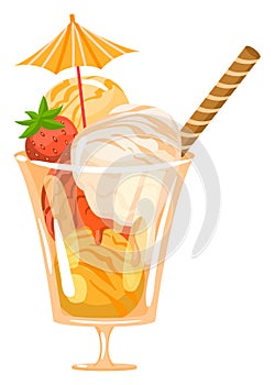 Sundae ice cream with strawberry topping and wafer. Delicious dessert in glass cup with fruit and umbrella. Sweet summer