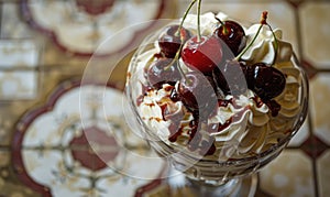 Sundae topped with cherries and whipped cream, closeup view, selective focus