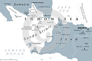 Sunda Strait, Indonesia, with Krakatau Archipelago, gray political map photo