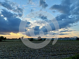 Sundawn at a harvested corn field with greenhouses in the background photo