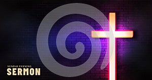 Sunday evening sermon Christian cyber web banner. Religious cyberpunk background with neon cross