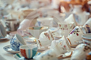 Closeup retro porcelain cups on countertop in sunday flea marke photo