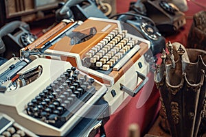 Typewriters from 80`s or 90`s, old telephones and old umbrella stand on the countertop in sunday flea market