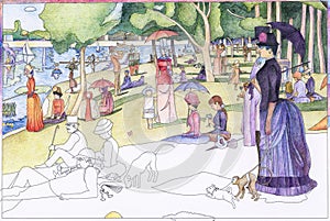 A Sunday on La Grande Jatte 1884 by Georges Seurat adult colouring page