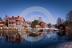 Sundborn - March 30, 2018: Panorama of the picturesque town of Sundborn in Dalarna, Sweden